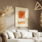 affiche avec un soleil orange sur un carre rose et le texte in the harmony of th salon.webp