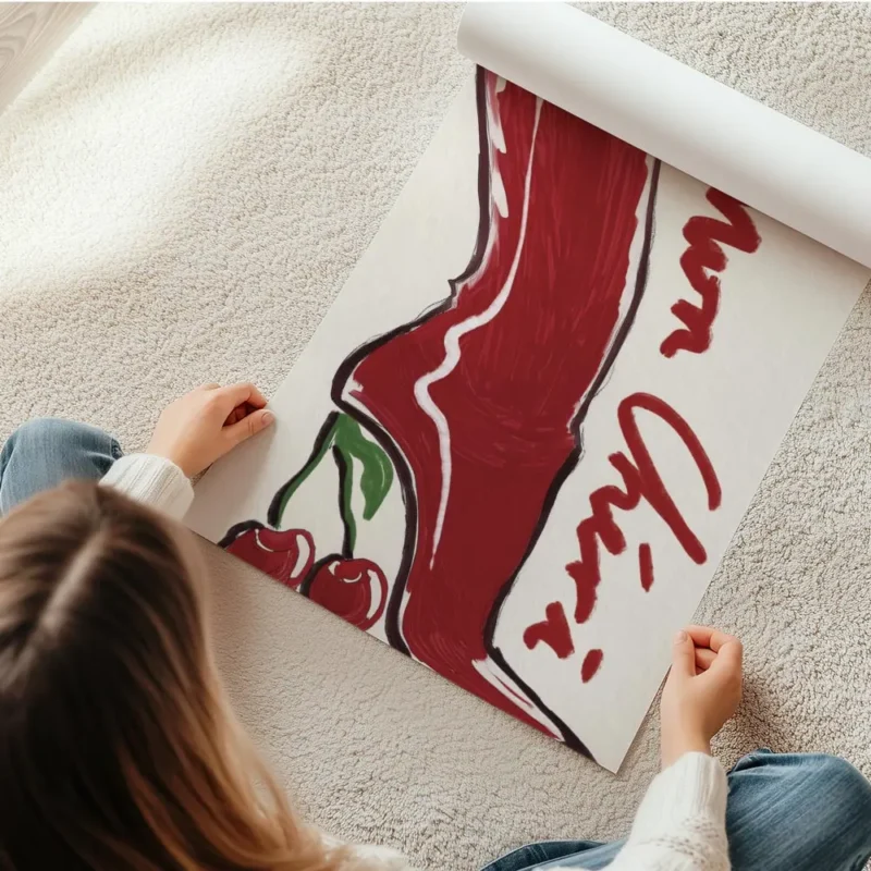 affiche avec un talon aiguille rouge et brillant le talon est remplace par des c en rouleau.webp
