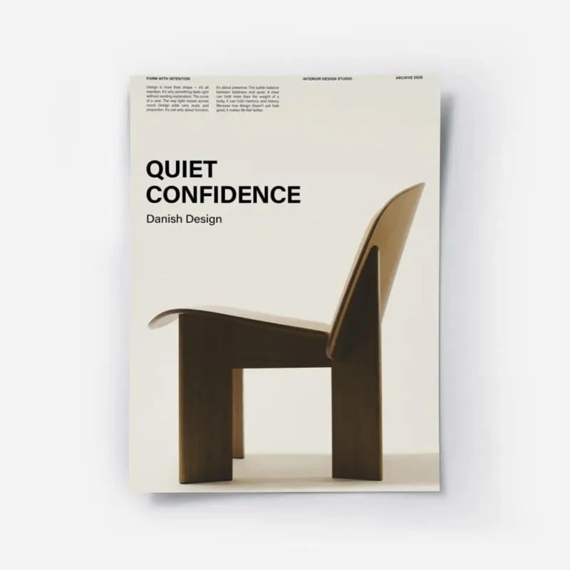 affiche avec un texte noir quiet confidence danish design et une chaise danoise .webp