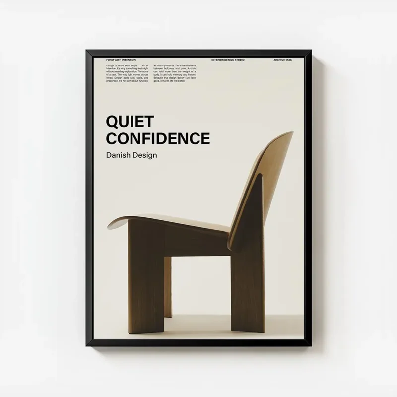 affiche avec un texte noir quiet confidence danish design et une chaise danoise avec cadre.webp
