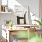 affiche avec un texte noir quiet confidence danish design et une chaise danoise bureau.webp