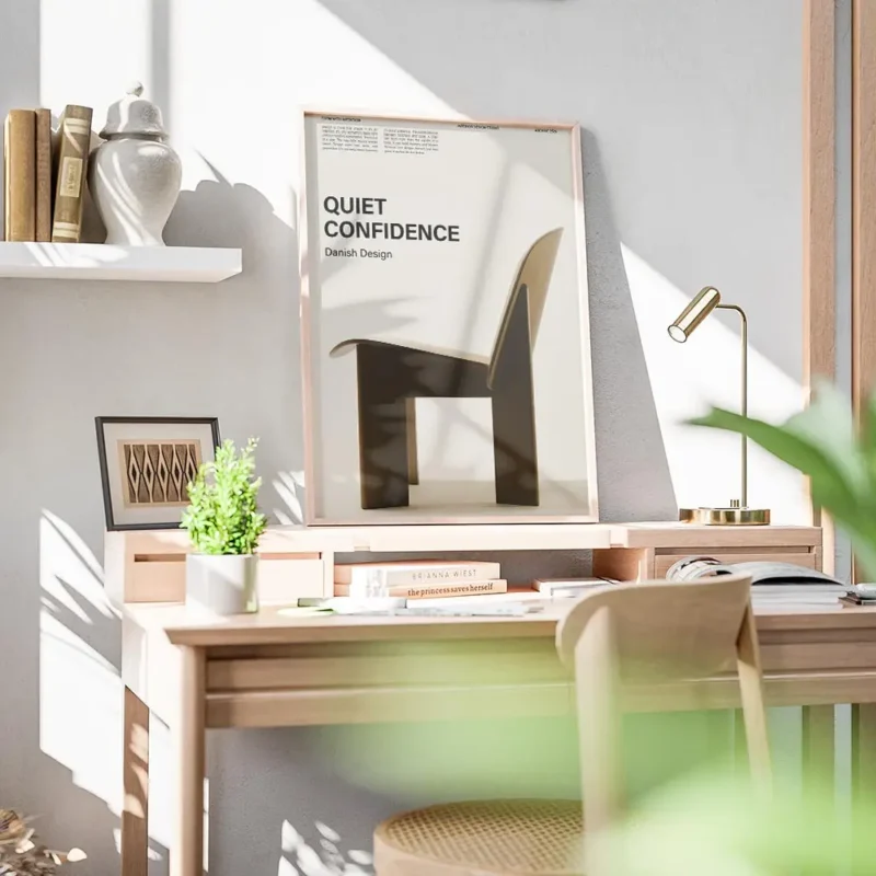 affiche avec un texte noir quiet confidence danish design et une chaise danoise bureau.webp