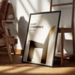 affiche avec un texte noir quiet confidence danish design et une chaise danoise encadre.webp