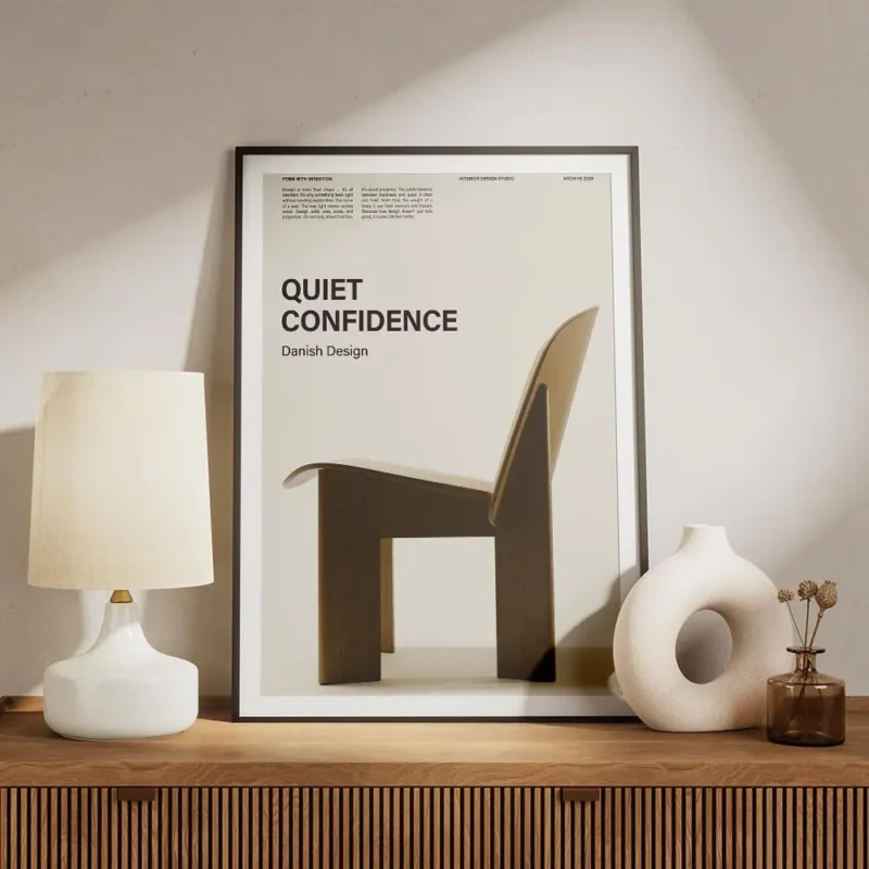 affiche avec un texte noir quiet confidence danish design et une chaise danoise meuble.webp