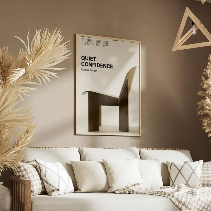 affiche avec un texte noir quiet confidence danish design et une chaise danoise salon.webp