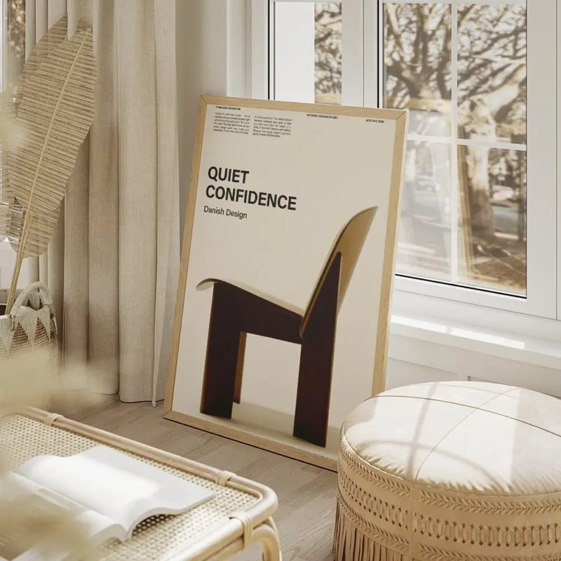 affiche avec un texte noir quiet confidence danish design et une chaise danoise salon beige.webp