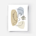 affiche avec un visage abstrait en art lineaire formes beiges et bleues sur fond.webp