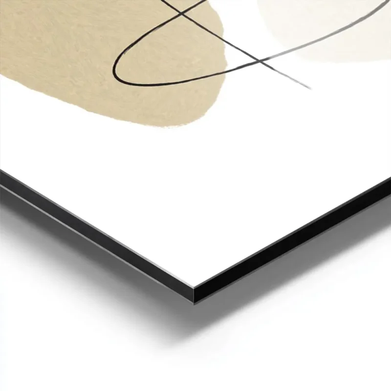 affiche avec un visage abstrait en art lineaire formes beiges et bleues sur fond aluminium.webp