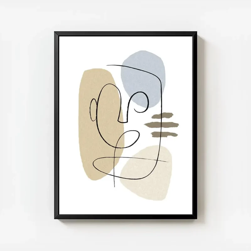 affiche avec un visage abstrait en art lineaire formes beiges et bleues sur fond avec cadre.webp