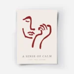 affiche avec un visage abstrait rouge bordeaux et une main sur fond beige clair .webp