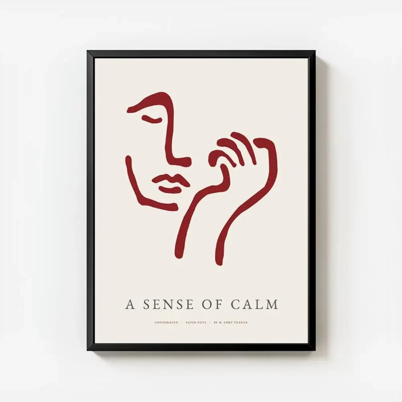 affiche avec un visage abstrait rouge bordeaux et une main sur fond beige clair avec cadre.webp