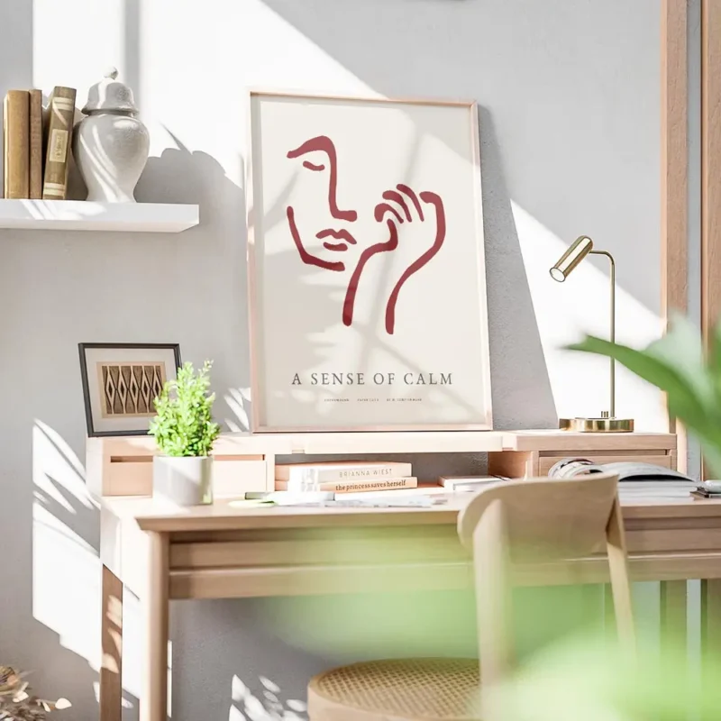 affiche avec un visage abstrait rouge bordeaux et une main sur fond beige clair bureau.webp