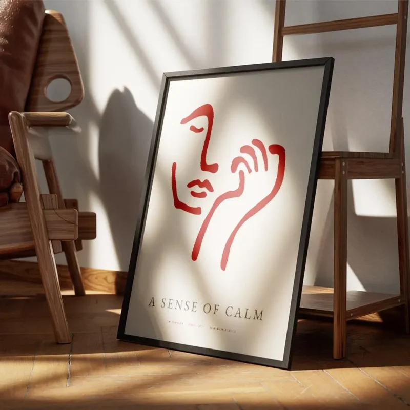 affiche avec un visage abstrait rouge bordeaux et une main sur fond beige clair encadre.webp