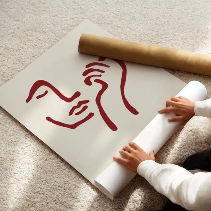 affiche avec un visage abstrait rouge bordeaux et une main sur fond beige clair enroule.webp