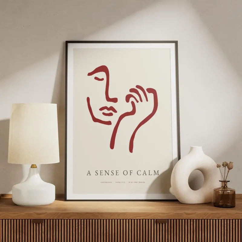 affiche avec un visage abstrait rouge bordeaux et une main sur fond beige clair meuble.webp