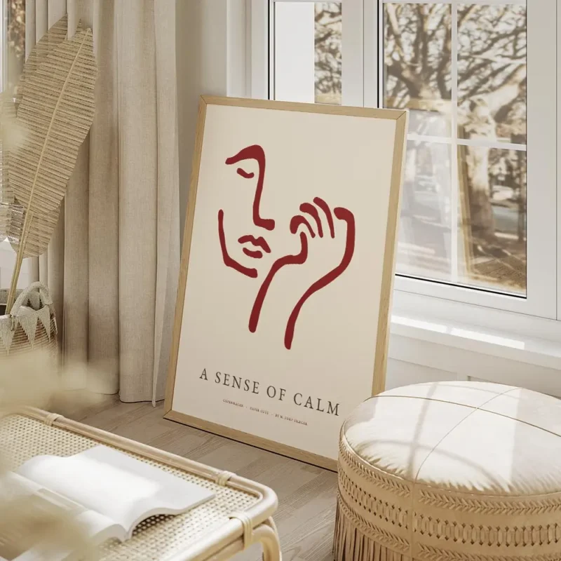 affiche avec un visage abstrait rouge bordeaux et une main sur fond beige clair salon beige.webp