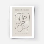 affiche avec un visage abstrait une main et une feuille dessines en noir et blan.webp