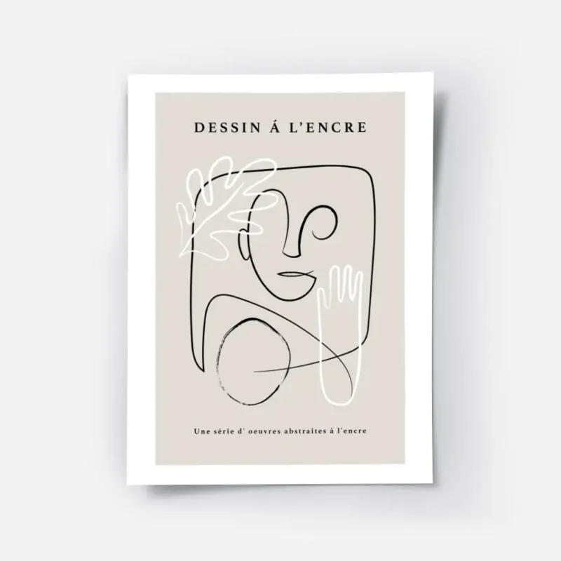 affiche avec un visage abstrait une main et une feuille dessines en noir et blan.webp