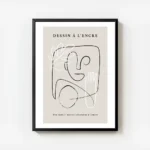 affiche avec un visage abstrait une main et une feuille dessines en noir et blan avec cadre.webp