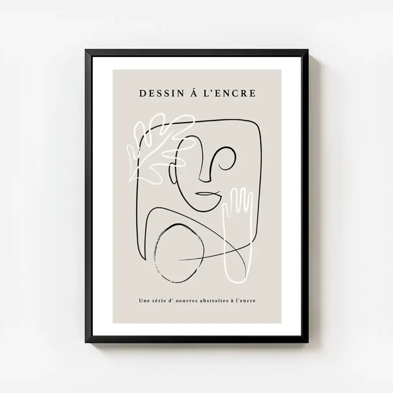 affiche avec un visage abstrait une main et une feuille dessines en noir et blan avec cadre.webp
