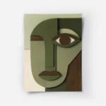 affiche avec un visage cubiste abstrait en tons de vert beige et marron fonce ut.webp