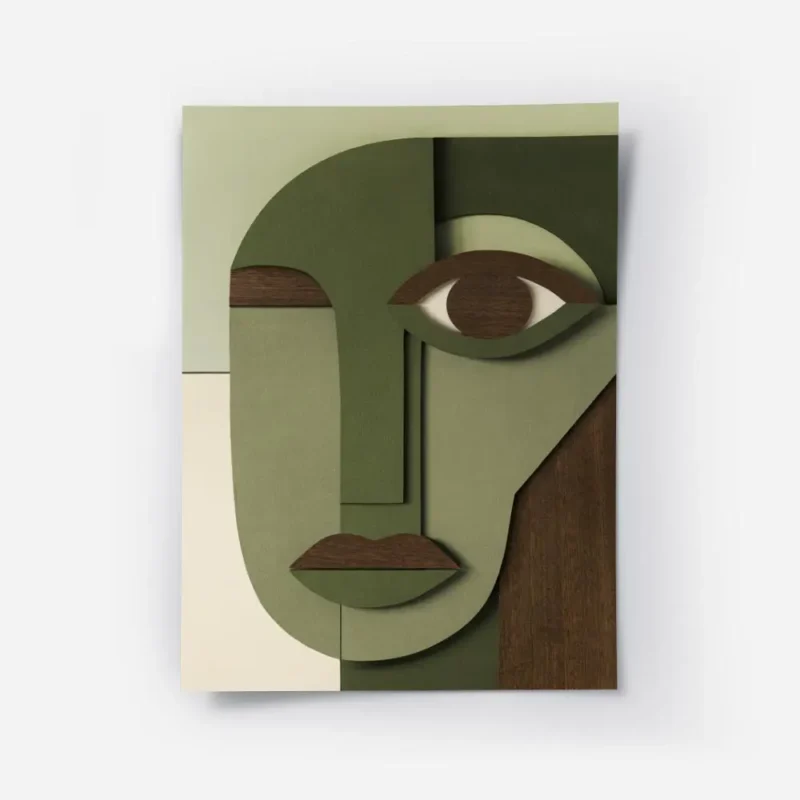 affiche avec un visage cubiste abstrait en tons de vert beige et marron fonce ut.webp