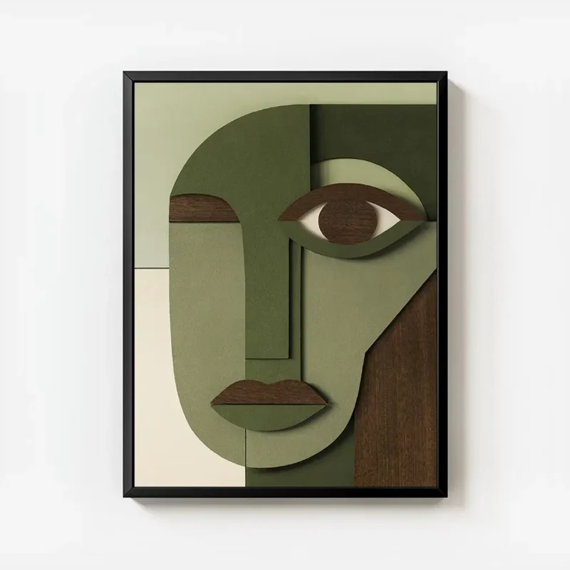 affiche avec un visage cubiste abstrait en tons de vert beige et marron fonce ut avec cadre.webp