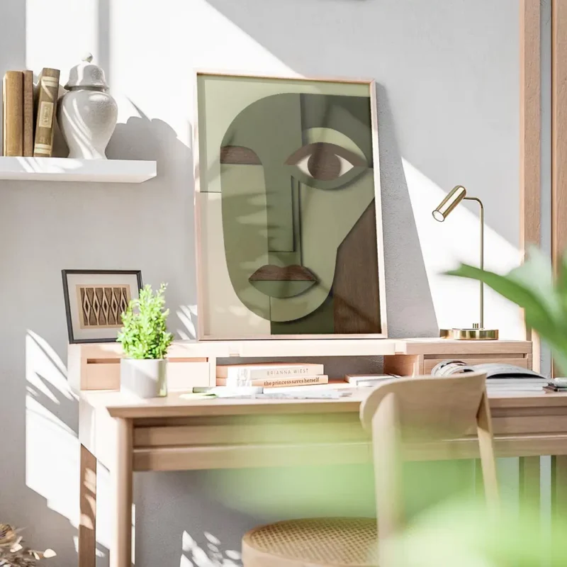 affiche avec un visage cubiste abstrait en tons de vert beige et marron fonce ut bureau.webp