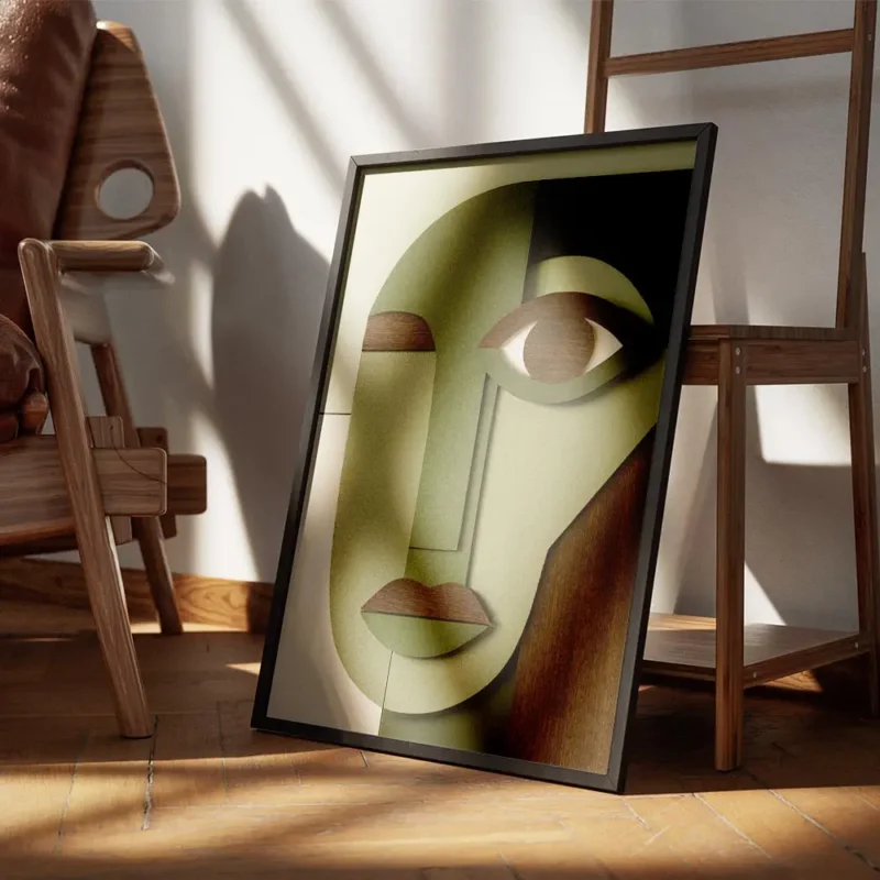 affiche avec un visage cubiste abstrait en tons de vert beige et marron fonce ut encadre.webp