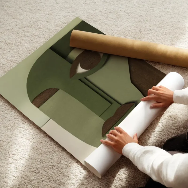 affiche avec un visage cubiste abstrait en tons de vert beige et marron fonce ut enroule.webp