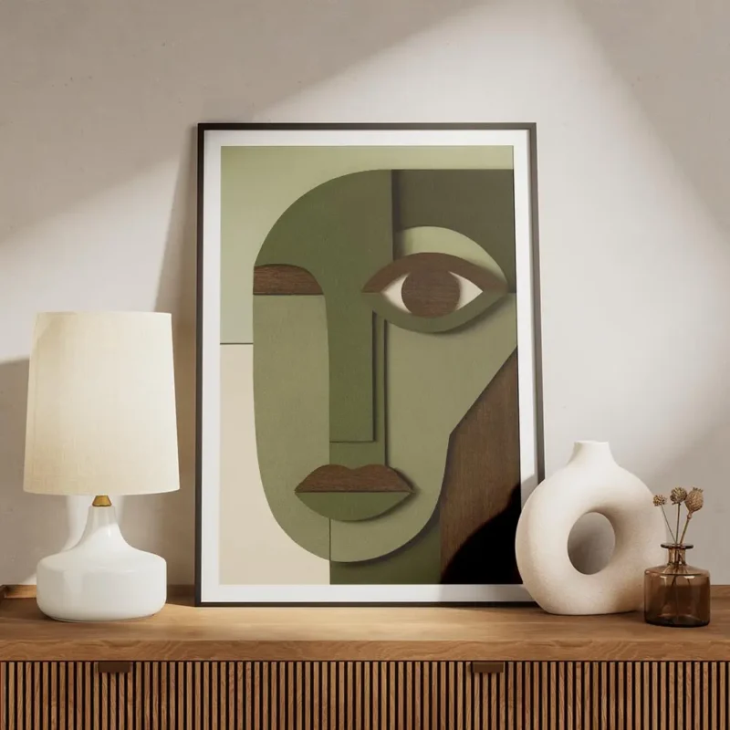 affiche avec un visage cubiste abstrait en tons de vert beige et marron fonce ut meuble.webp