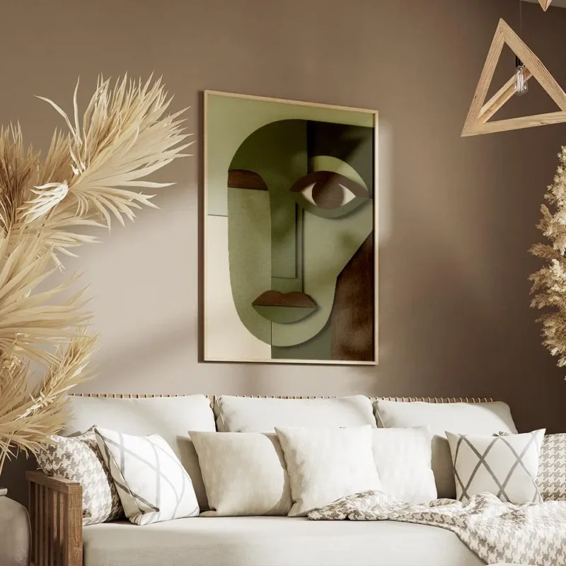 affiche avec un visage cubiste abstrait en tons de vert beige et marron fonce ut salon.webp