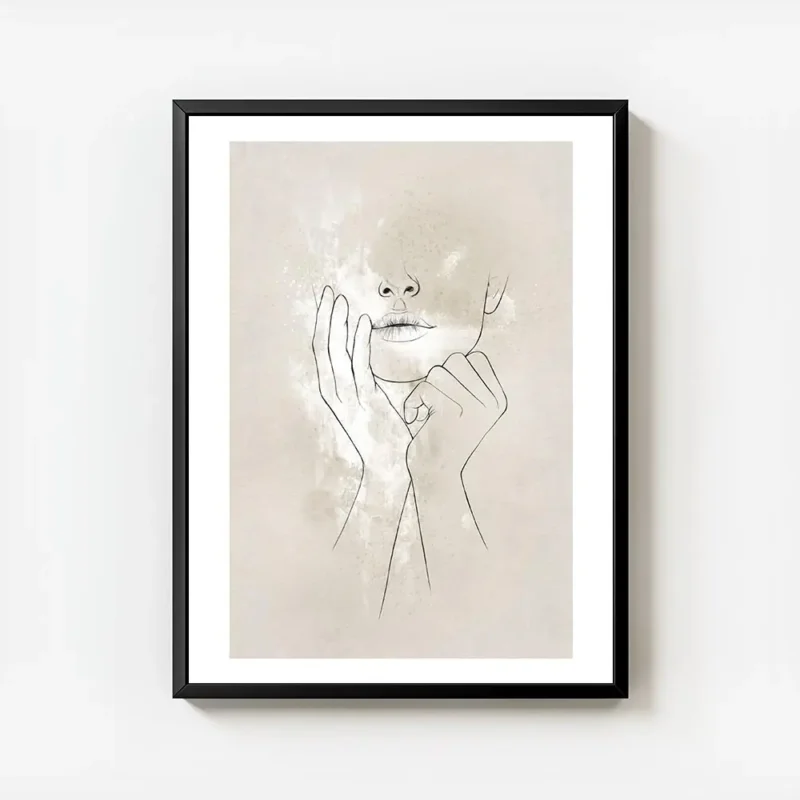 affiche avec un visage de femme en illustration ses mains sur son visage fond be avec cadre.webp