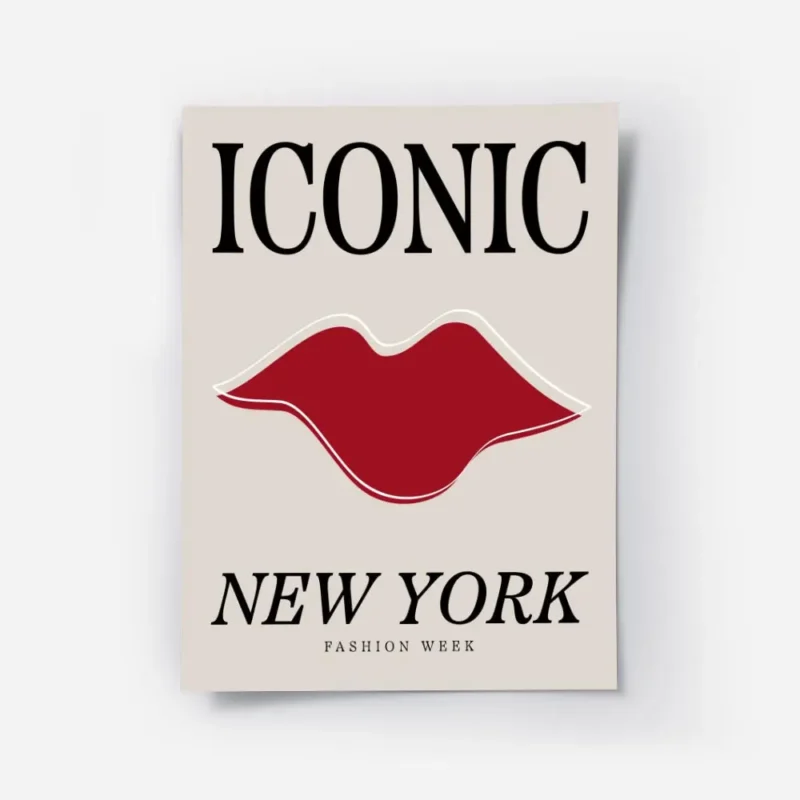 affiche avec une bouche rouge et du texte iconic new york en noir sur fond beige.webp