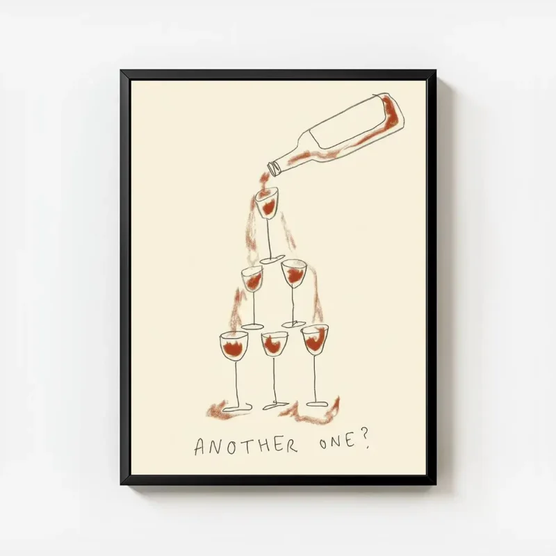 affiche avec une bouteille de vin rouge versant dans une pyramide de six verres avec cadre.webp