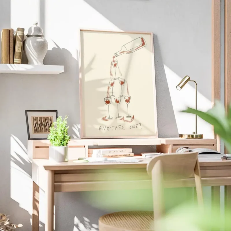 affiche avec une bouteille de vin rouge versant dans une pyramide de six verres bureau.webp
