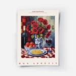 affiche avec une bouteille de vin un bouquet de coquelicots rouges une assiette .webp