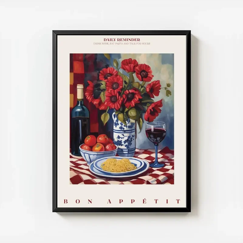 affiche avec une bouteille de vin un bouquet de coquelicots rouges une assiette avec cadre.webp