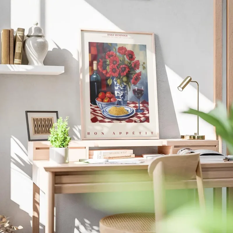 affiche avec une bouteille de vin un bouquet de coquelicots rouges une assiette bureau.webp