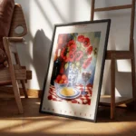 affiche avec une bouteille de vin un bouquet de coquelicots rouges une assiette encadre.webp