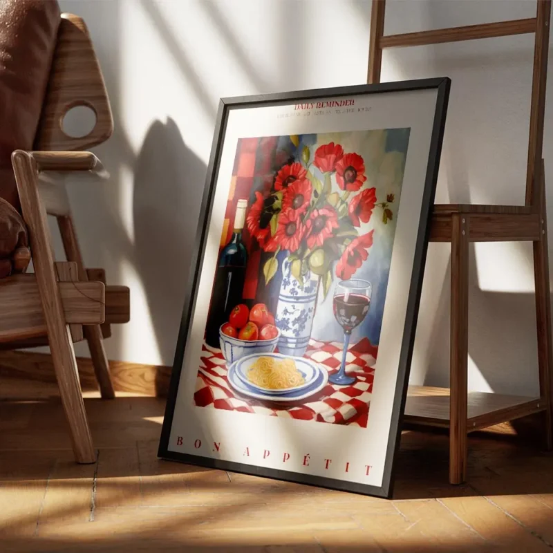 affiche avec une bouteille de vin un bouquet de coquelicots rouges une assiette encadre.webp