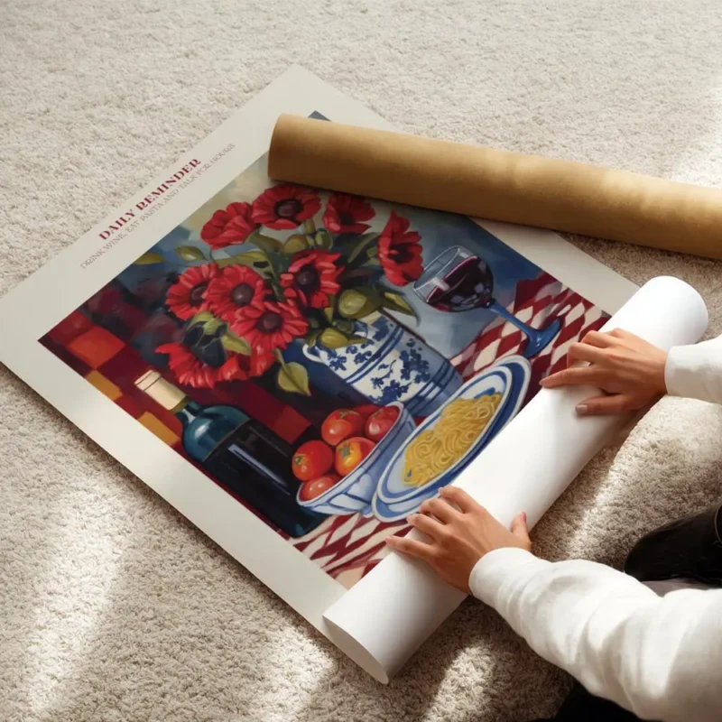affiche avec une bouteille de vin un bouquet de coquelicots rouges une assiette enroule.webp