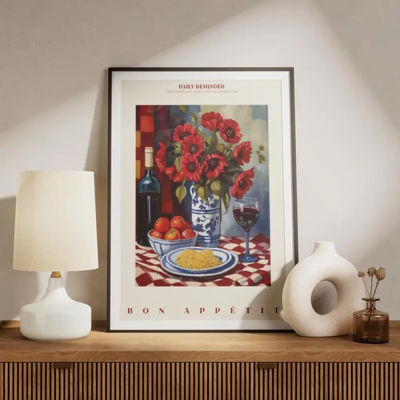 affiche avec une bouteille de vin un bouquet de coquelicots rouges une assiette meuble.webp