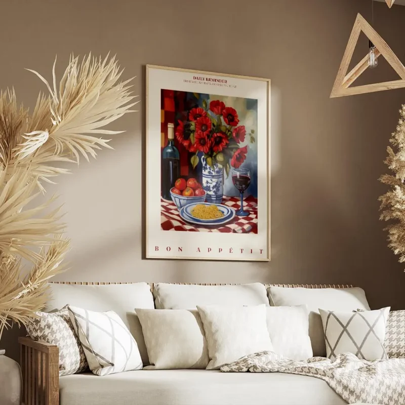 affiche avec une bouteille de vin un bouquet de coquelicots rouges une assiette salon.webp