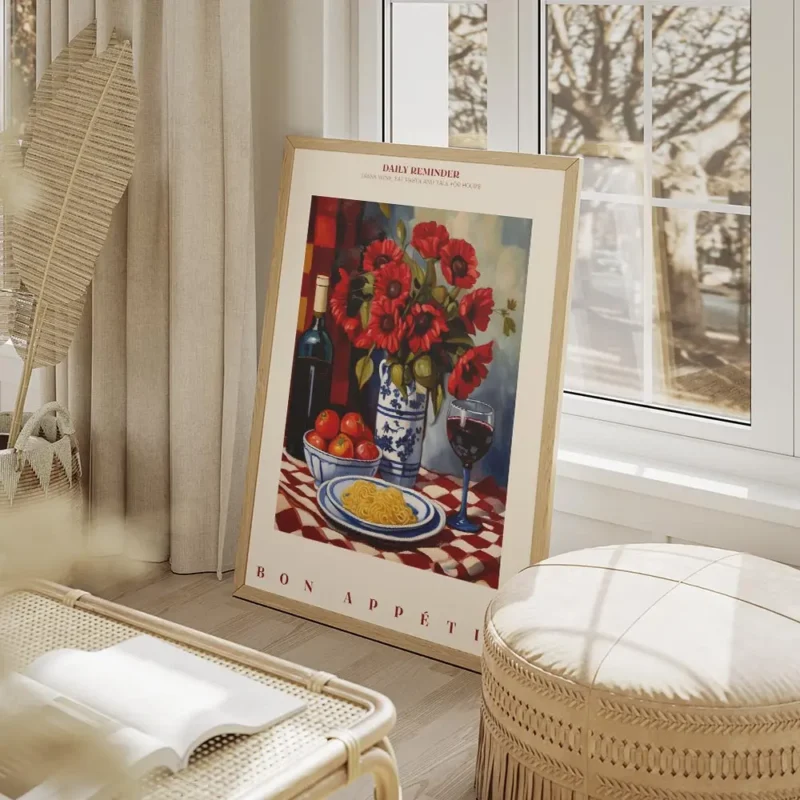 affiche avec une bouteille de vin un bouquet de coquelicots rouges une assiette salon beige.webp