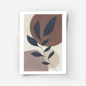 affiche avec une branche grise a feuilles devant des cercles lilas et marron sur.webp