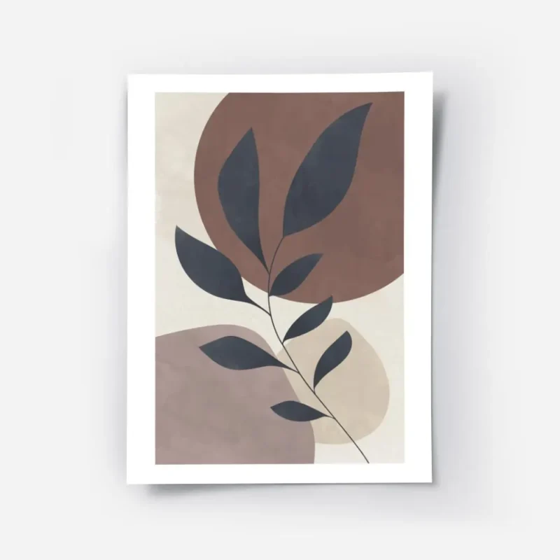 affiche avec une branche grise a feuilles devant des cercles lilas et marron sur.webp