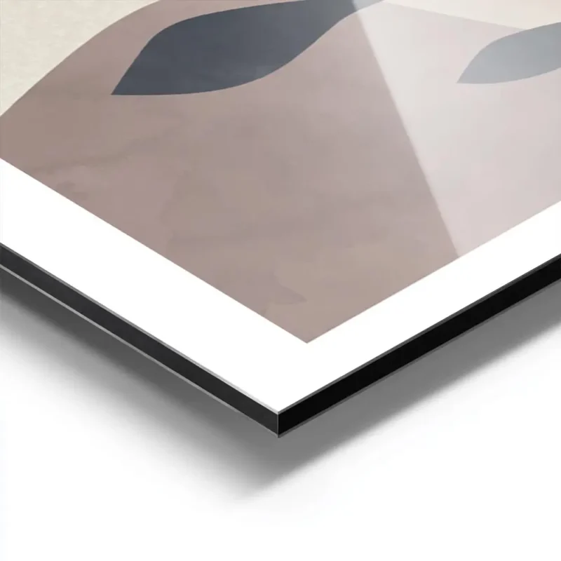 affiche avec une branche grise a feuilles devant des cercles lilas et marron sur aluminium.webp