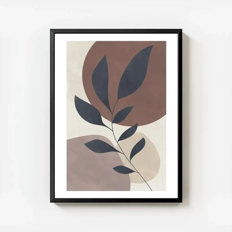 affiche avec une branche grise a feuilles devant des cercles lilas et marron sur avec cadre.webp
