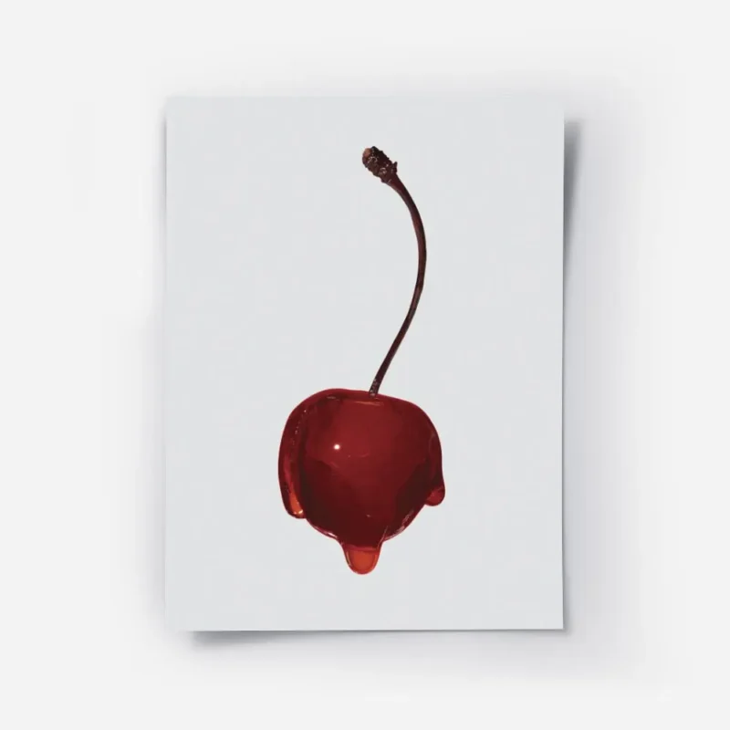 affiche avec une cerise rouge vif recouverte de sirop brillant sur fond gris cla.webp